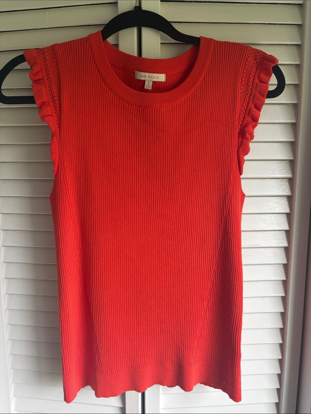 Skies Are Blue Red Ribbed Ruffle Sleeve Tank Top